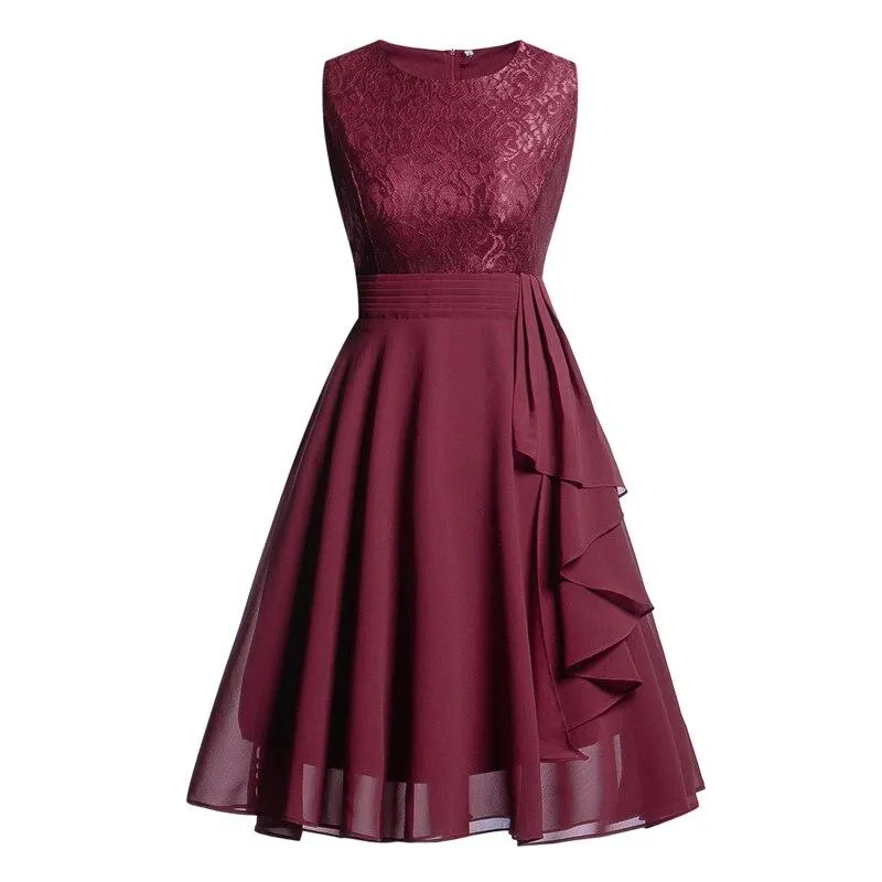 2021 Lace and Chiffon Elegant Peplum High Waist Purple Swing Dresses for Women Sleeveless Party Robe Female A Line Dress