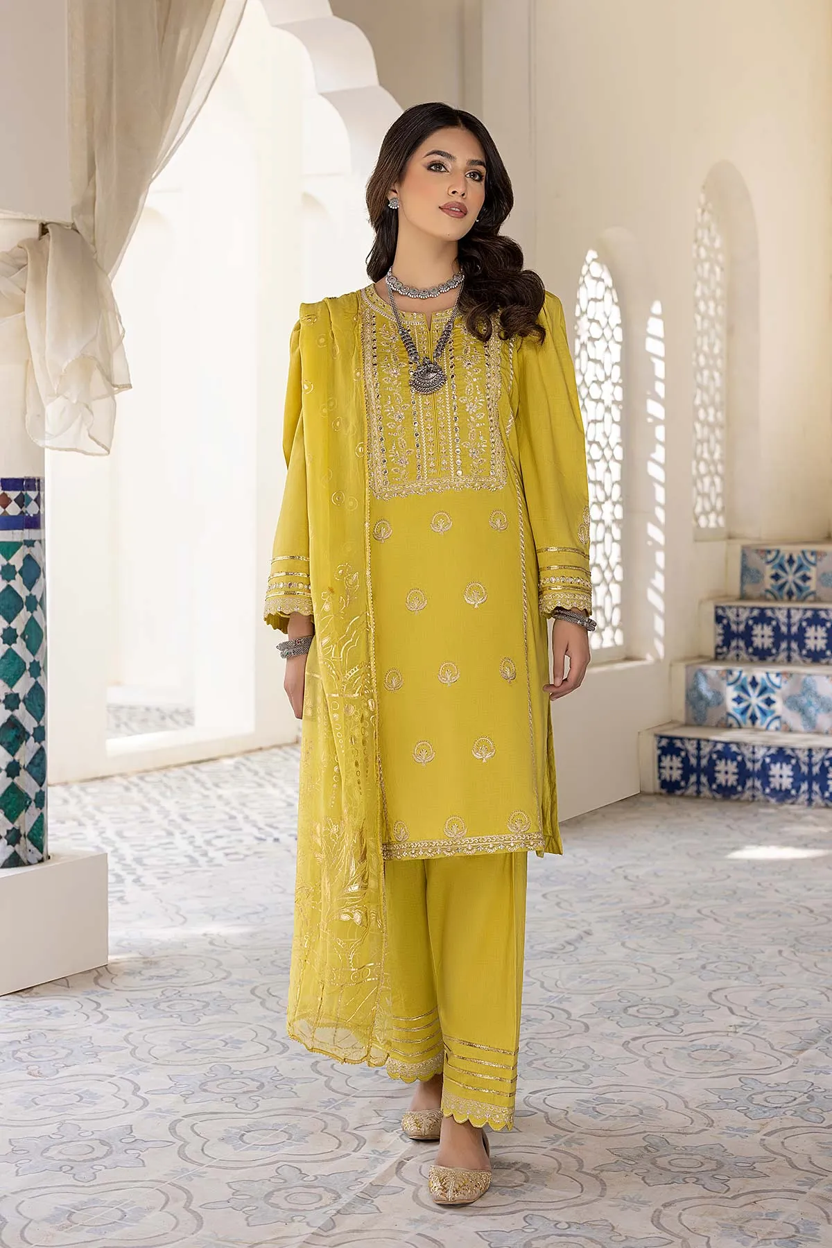 3 Pc Embroidered Lawn Shirt With Chiffon Dupatta and Cotton Shalwar CNP22-62