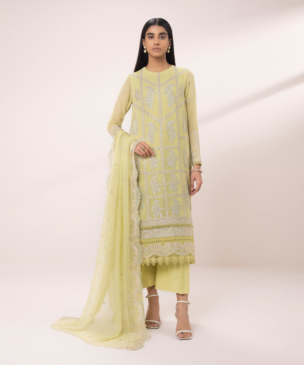 3 Piece - Embroidered Chiffon Suit