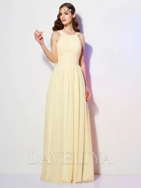 A-line Bateau Pleated Floor-Length Chiffon Bridesmaid Dress  #ZB230165