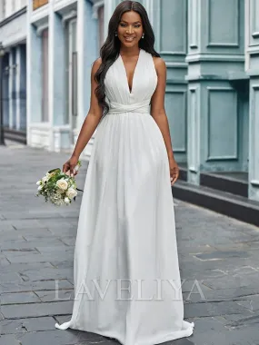 A-line Halter Ruched Floor-Length Chiffon Wedding Dress  #HW230054