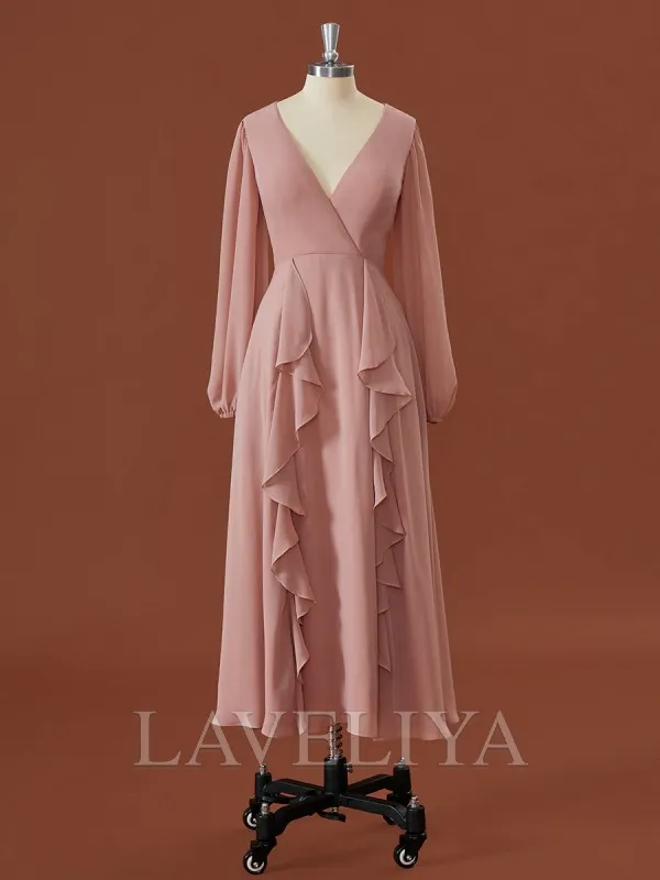 A-line Long Sleeves Chiffon V-neck Ruffles Tea-Length Bridesmaid Dress  #JMB0013