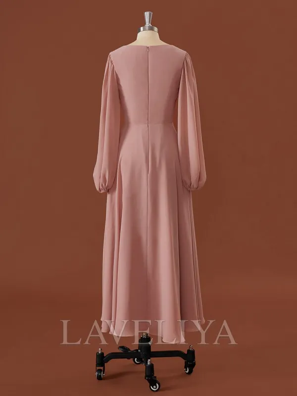 A-line Long Sleeves Chiffon V-neck Ruffles Tea-Length Bridesmaid Dress  #JMB0013