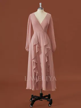 A-line Long Sleeves Chiffon V-neck Ruffles Tea-Length Bridesmaid Dress  #JMB0013