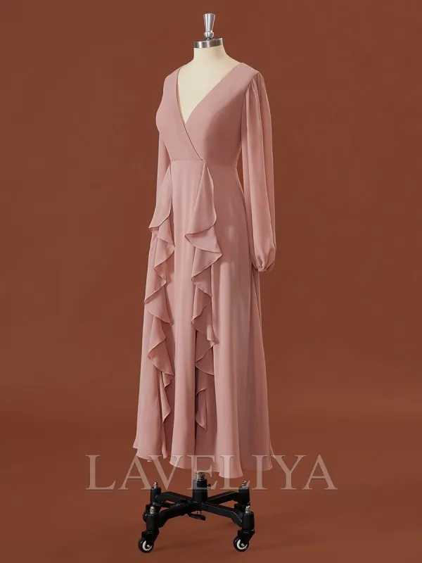 A-line Long Sleeves Chiffon V-neck Ruffles Tea-Length Bridesmaid Dress  #JMB0013