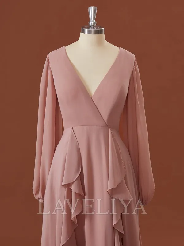 A-line Long Sleeves Chiffon V-neck Ruffles Tea-Length Bridesmaid Dress  #JMB0013