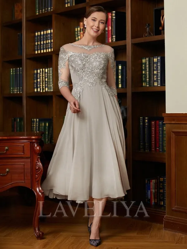 A-line Scoop 3/4 Sleeves Ruffles Tea-Length Chiffon Mother of the Bride Dress  #XM230022