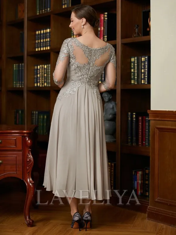 A-line Scoop 3/4 Sleeves Ruffles Tea-Length Chiffon Mother of the Bride Dress  #XM230022