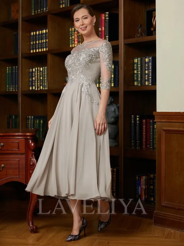 A-line Scoop 3/4 Sleeves Ruffles Tea-Length Chiffon Mother of the Bride Dress  #XM230022