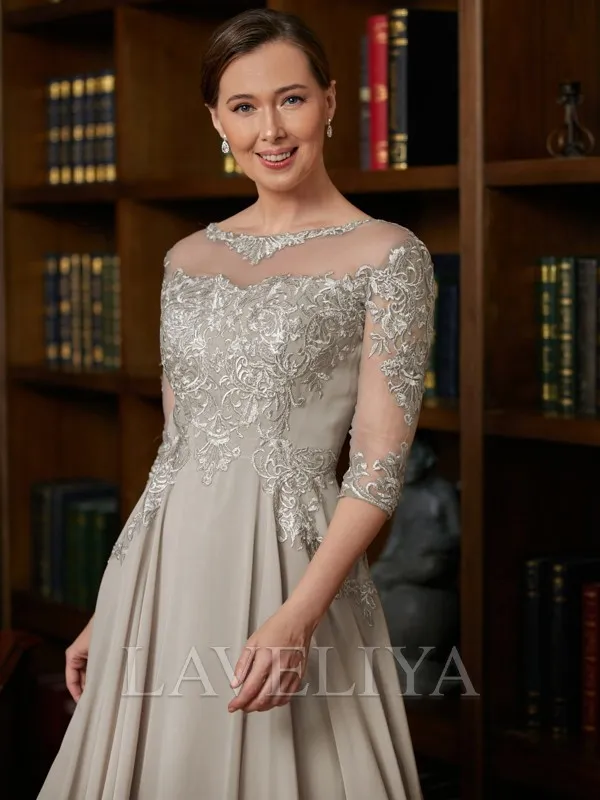 A-line Scoop 3/4 Sleeves Ruffles Tea-Length Chiffon Mother of the Bride Dress  #XM230022