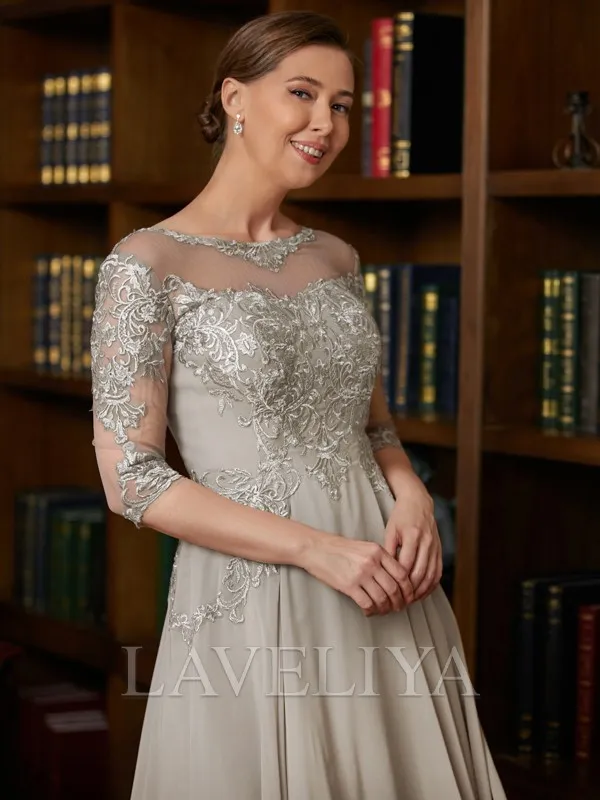 A-line Scoop 3/4 Sleeves Ruffles Tea-Length Chiffon Mother of the Bride Dress  #XM230022