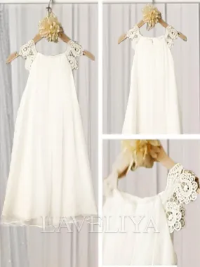 A-line Scoop Lace Tea-Length Chiffon Flower Girl Dress  #DF0012