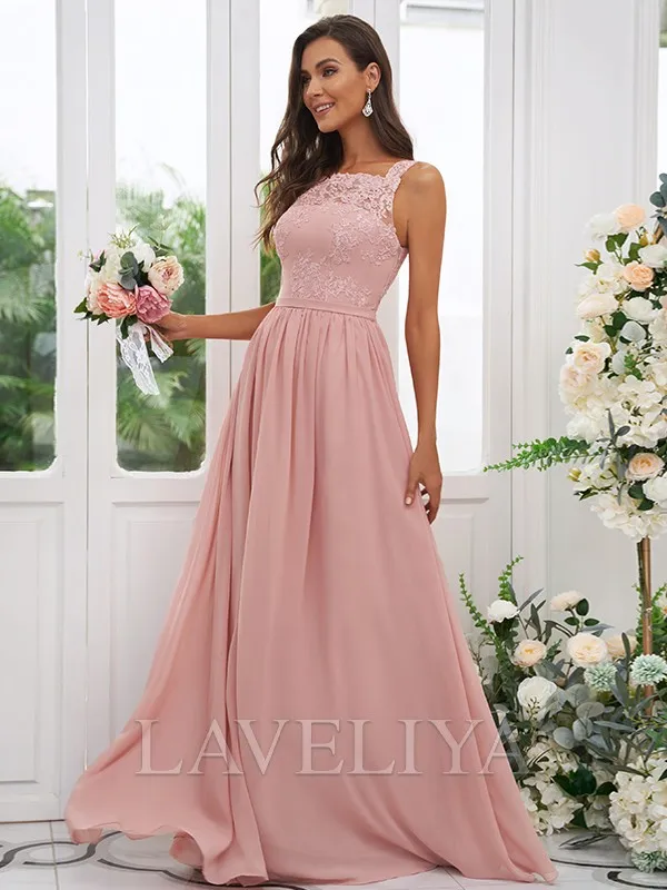 A-line Square Flower Floor-Length Chiffon Bridesmaid Dress  #ZB230392