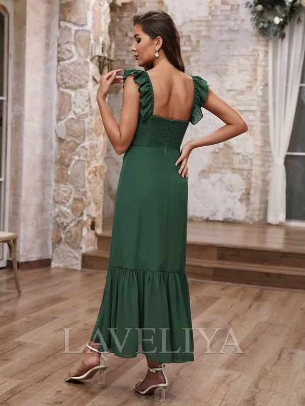 A-line Square Ruffles Tea-Length Chiffon Bridesmaid Dress  #ZB240090