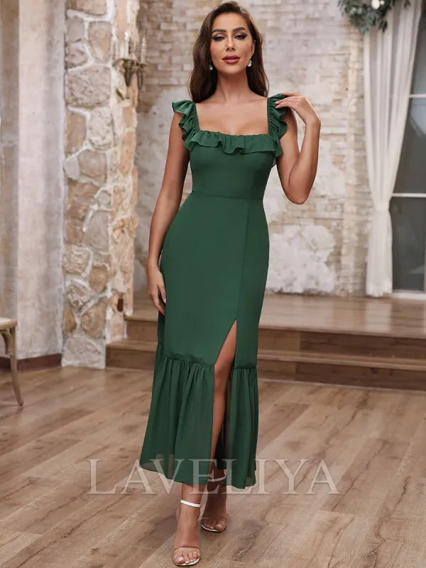 A-line Square Ruffles Tea-Length Chiffon Bridesmaid Dress  #ZB240090