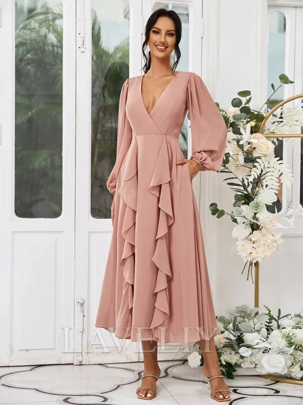 A-line V-neck Long Sleeves Ruffles Tea-Length Chiffon Bridesmaid Dress  #ZB230471