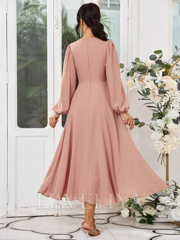 A-line V-neck Long Sleeves Ruffles Tea-Length Chiffon Bridesmaid Dress  #ZB230471