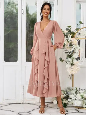 A-line V-neck Long Sleeves Ruffles Tea-Length Chiffon Bridesmaid Dress  #ZB230471