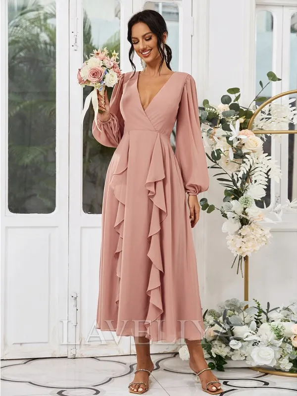 A-line V-neck Long Sleeves Ruffles Tea-Length Chiffon Bridesmaid Dress  #ZB230471