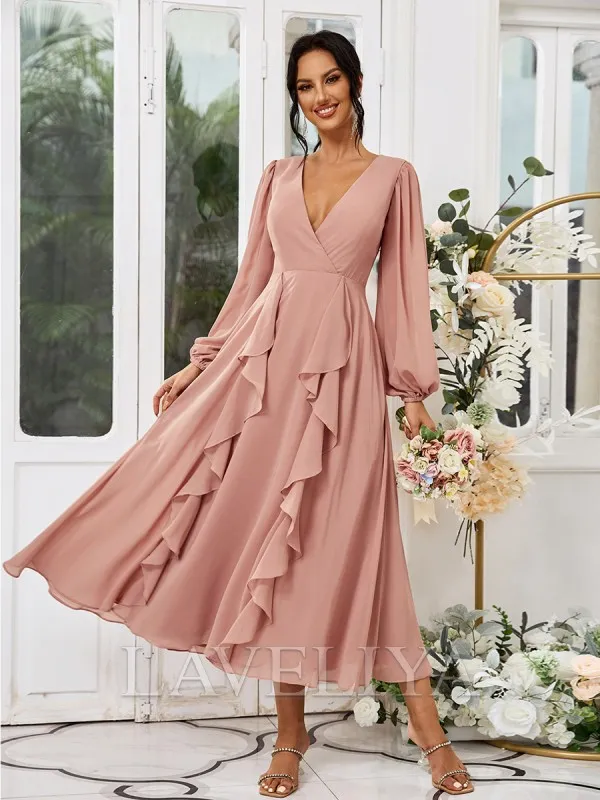 A-line V-neck Long Sleeves Ruffles Tea-Length Chiffon Bridesmaid Dress  #ZB230471