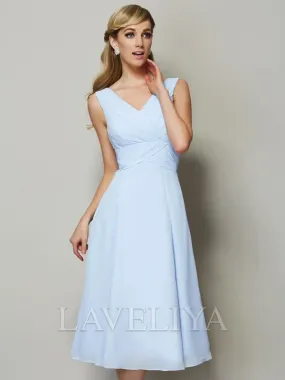 A-line V-neck Pleated Tea-Length Chiffon Bridesmaid Dress  #ZB230339