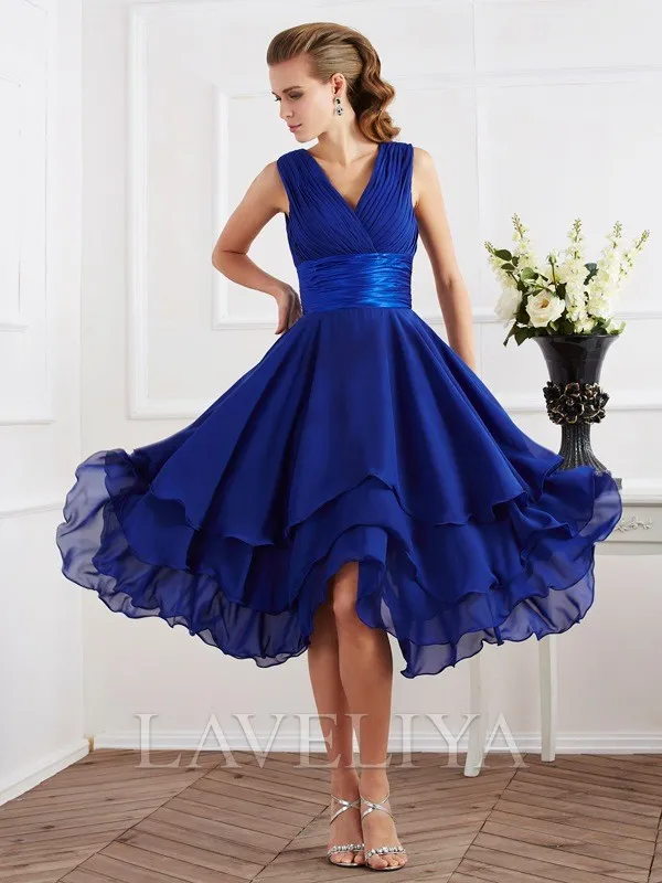 A-line V-neck Short Sleeves Ruffles Tea-Length Chiffon Bridesmaid Dress  #ZB230308