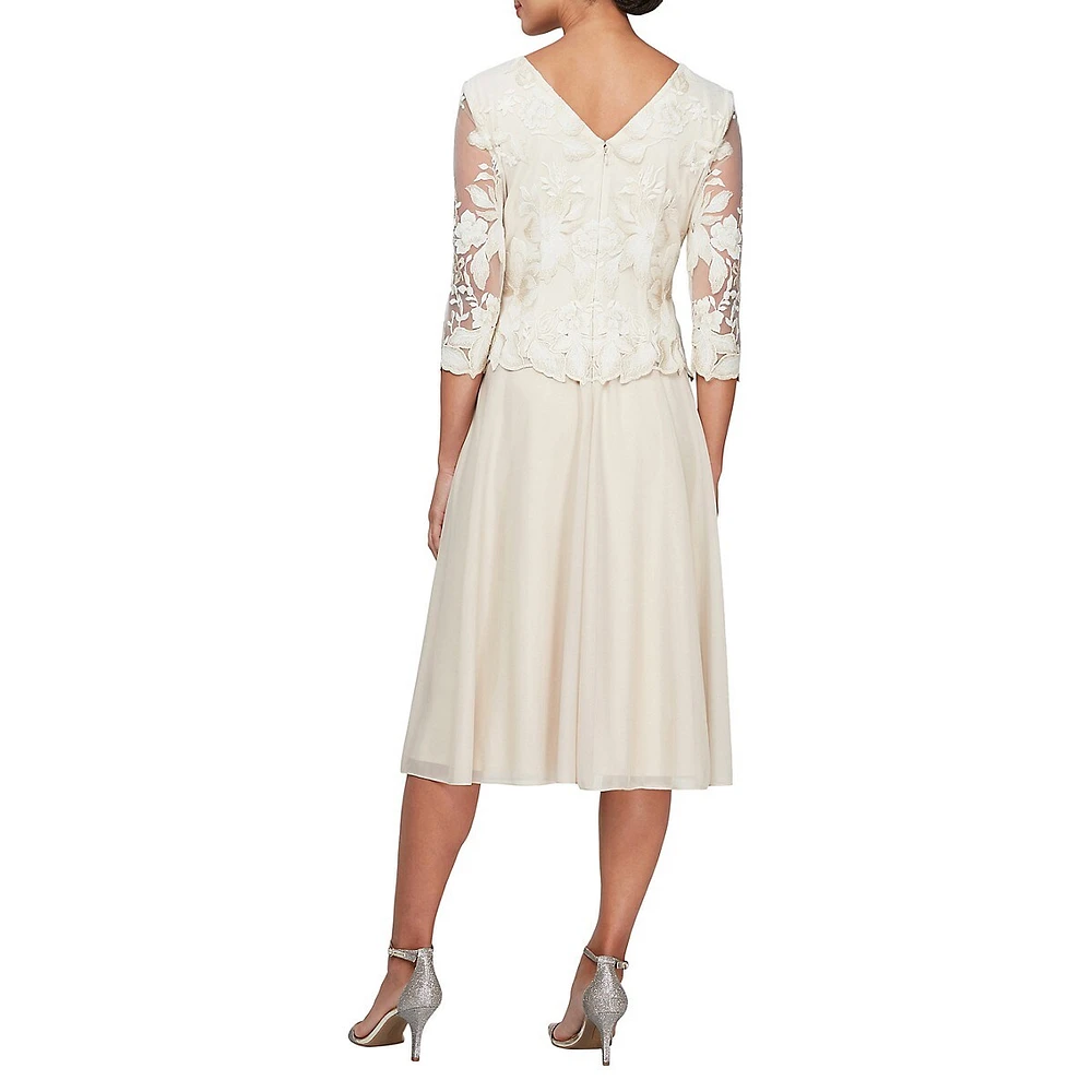 Alex Evenings Embroidered Lace & Chiffon Tea-Length Dress