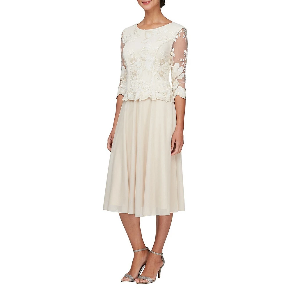 Alex Evenings Embroidered Lace & Chiffon Tea-Length Dress