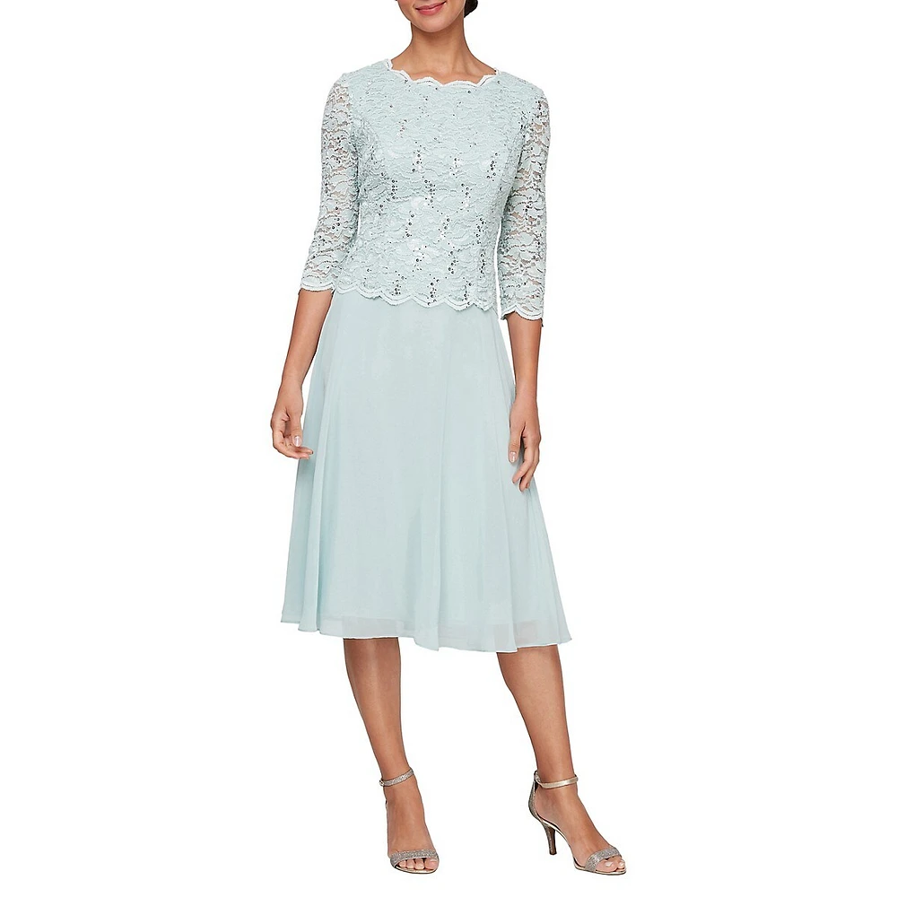 Alex Evenings Sequin Lace & Chiffon Tea-Length Dress