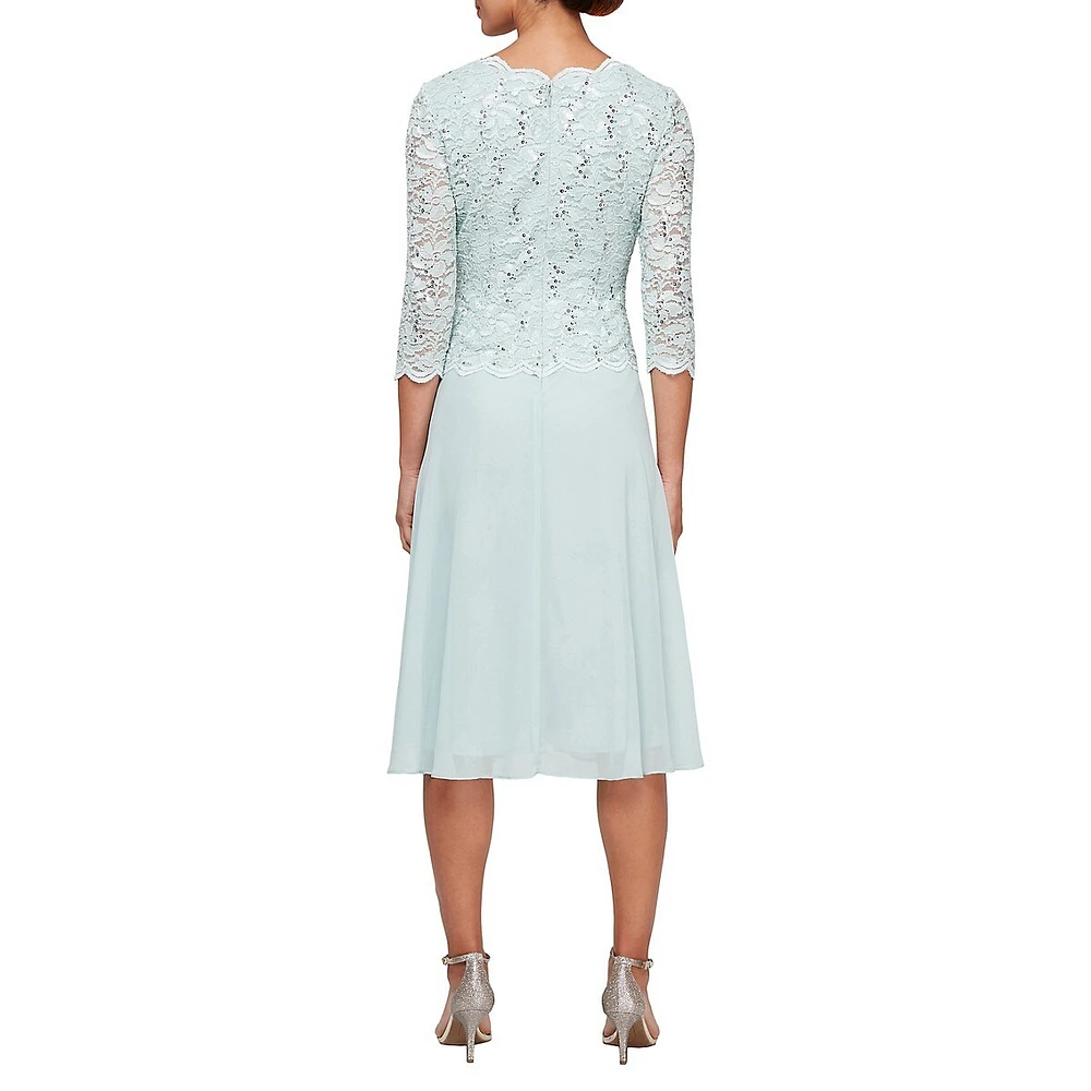 Alex Evenings Sequin Lace & Chiffon Tea-Length Dress