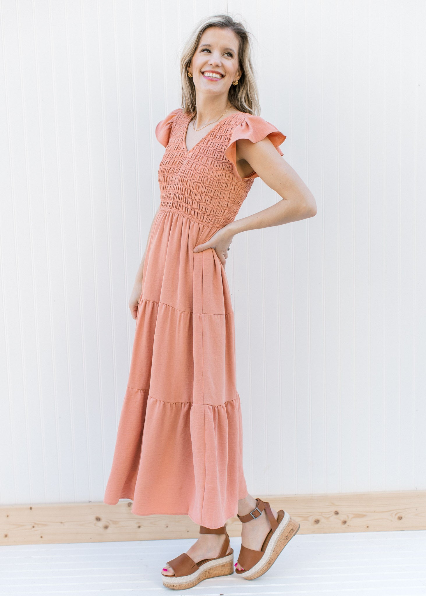 Apricot Smocked Midi Dress