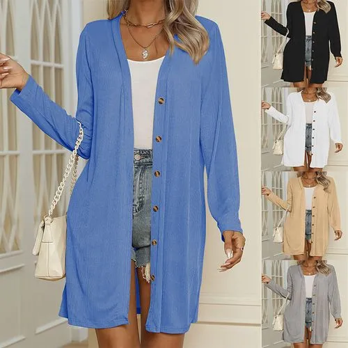 Autumn And Winter   New   Women's Long Button Solid Color Casual Long-sleeved Cardigan For Women