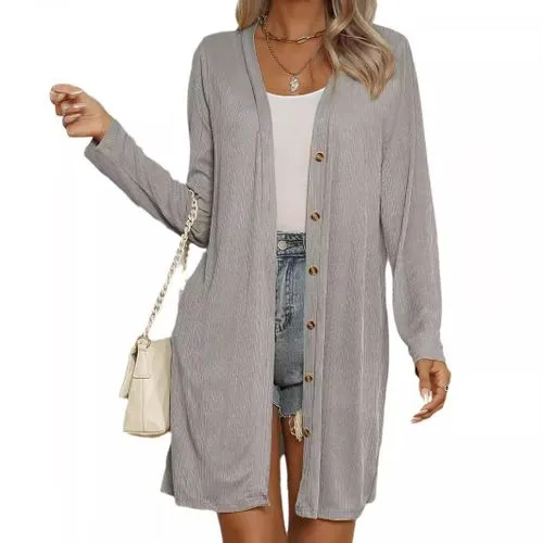 Autumn And Winter   New   Women's Long Button Solid Color Casual Long-sleeved Cardigan For Women