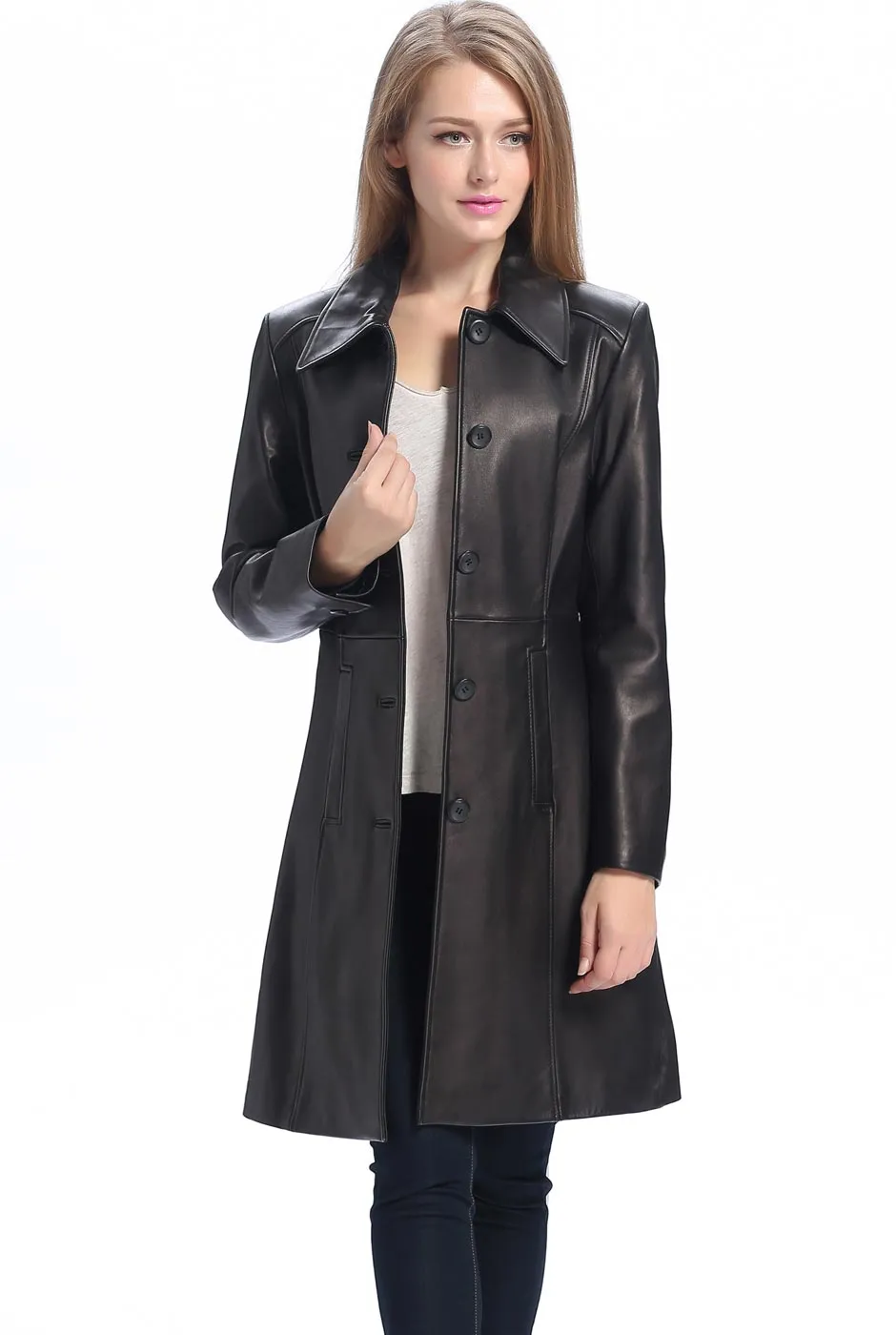 BGSD Women Amber Lambskin Leather Walking Coat