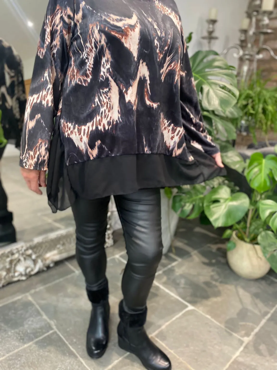 Black Velour Animal Print Top Regan