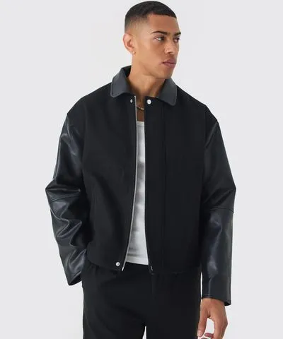 boohooMAN Mens Boxy PU Sleeve Collared Harrington Jacket In Black