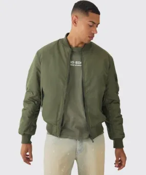 boohooMAN Mens Oversized Boxy Padded Nylon Bomber Jacket In Khaki