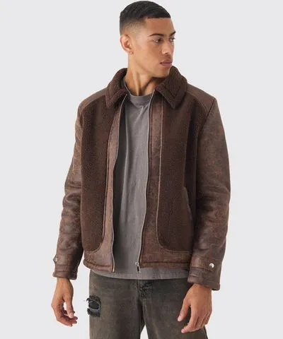 boohooMAN Mens Washed PU And Borg Panel Harrington Jacket In Brown