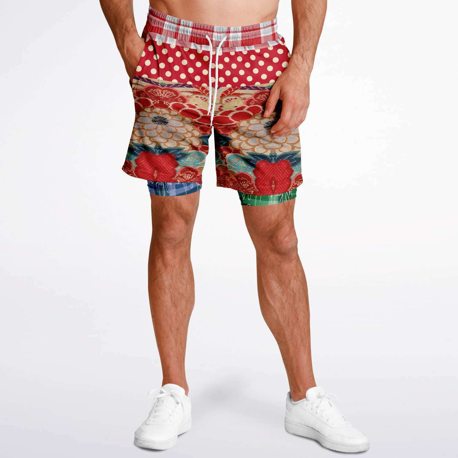 Busan Fleur Floral Plaid Patchwork Compression Activity Shorts