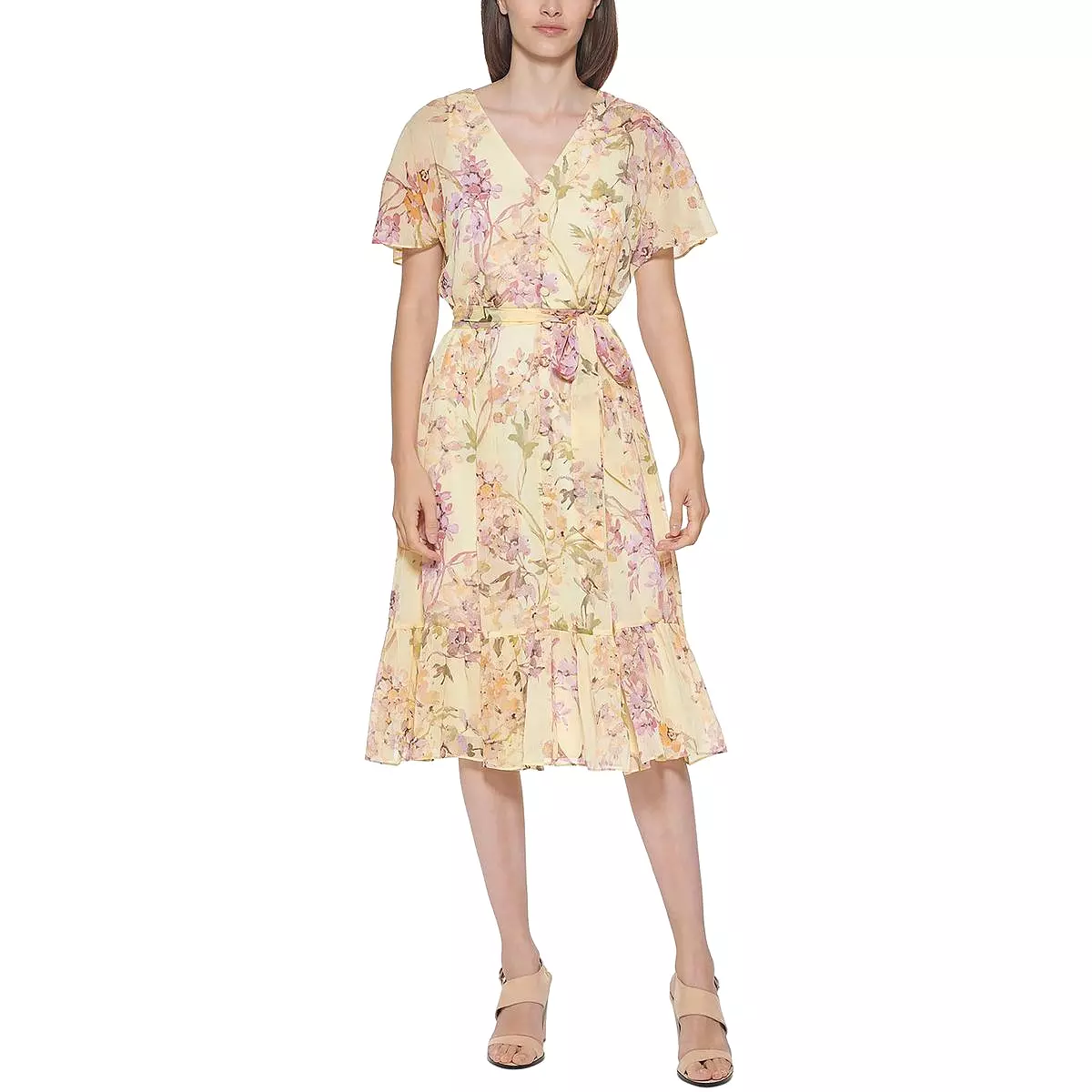 Calvin Klein Womens Floral Print Mid Calf Midi Dress