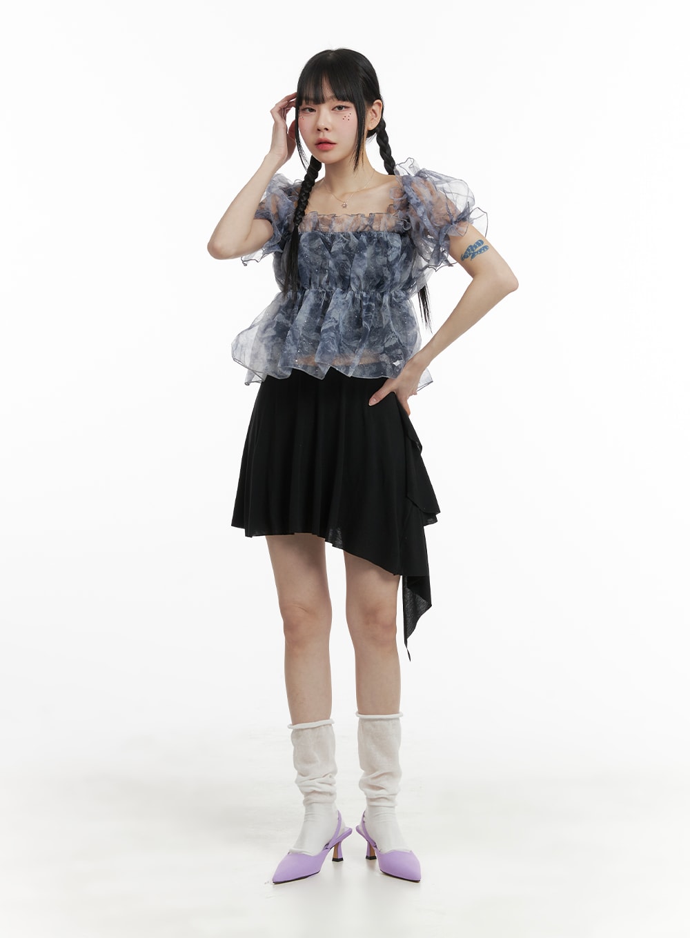 Chiffon Puffy Shoulder Short Sleeve OM426