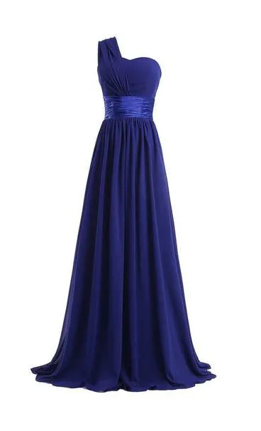 Column One Shoulder Floor Length Chiffon Royal Blue Bridesmaid Dresses