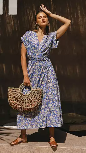 Cool Blue Floral Wrap Maxi Dress