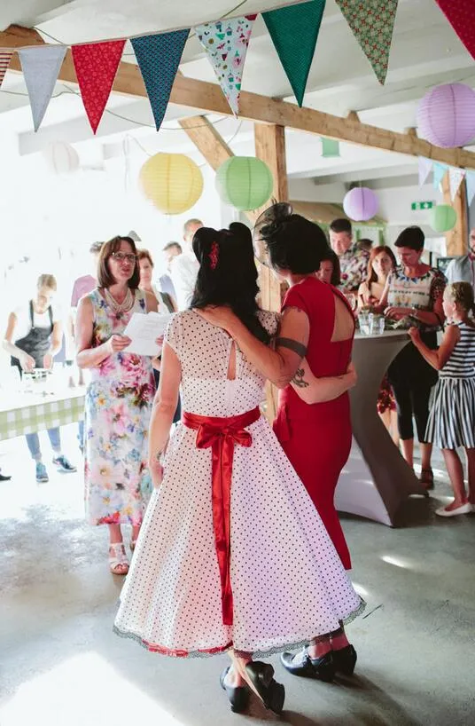 Country Style Vintage Cap Sleeves Chiffon Tea Length Wedding Dress with Black Polka Dots