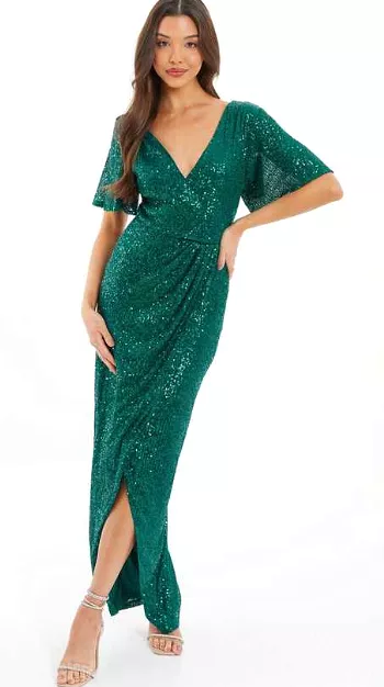 Dark Green Sequin Wrap Dress