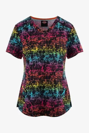 Dickies Dynamix Texture Trail Rainbow Abstract Women's 3-Pocket STRETCH V-Neck Print Scrub Top