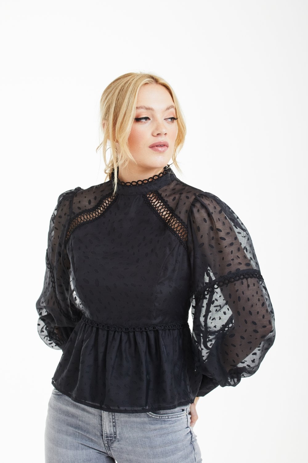 Double Second Black Polka Dot Organza Puff Sleeve Top