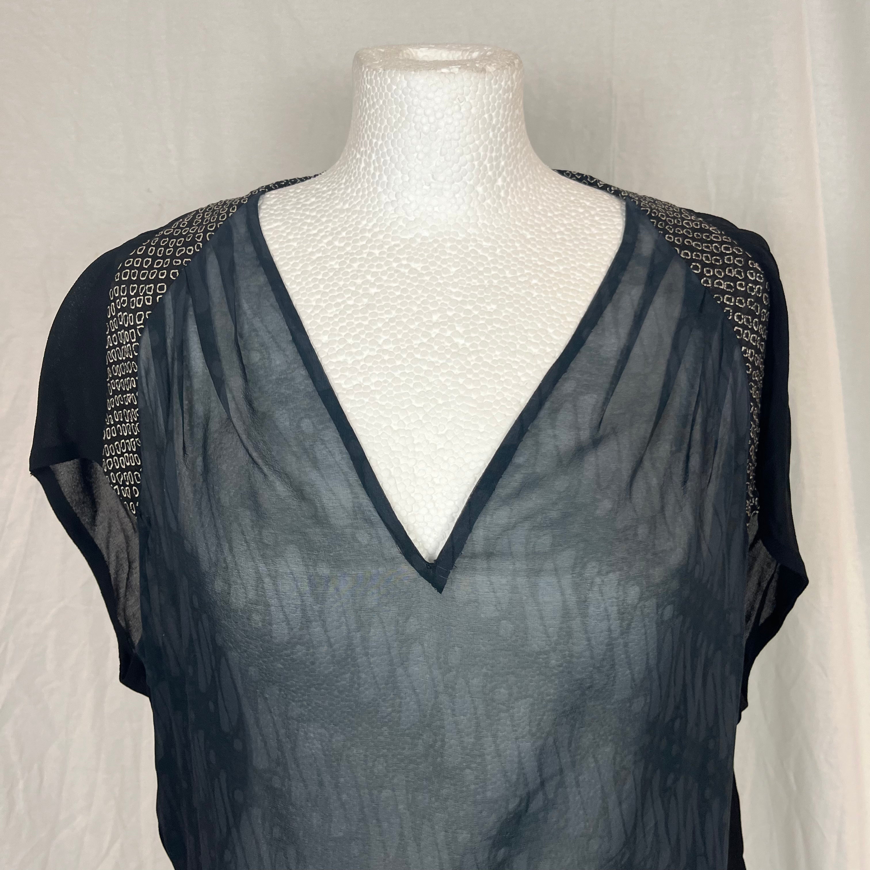 Dries Van Noten Grey & Black Print Silk Chiffon Top S