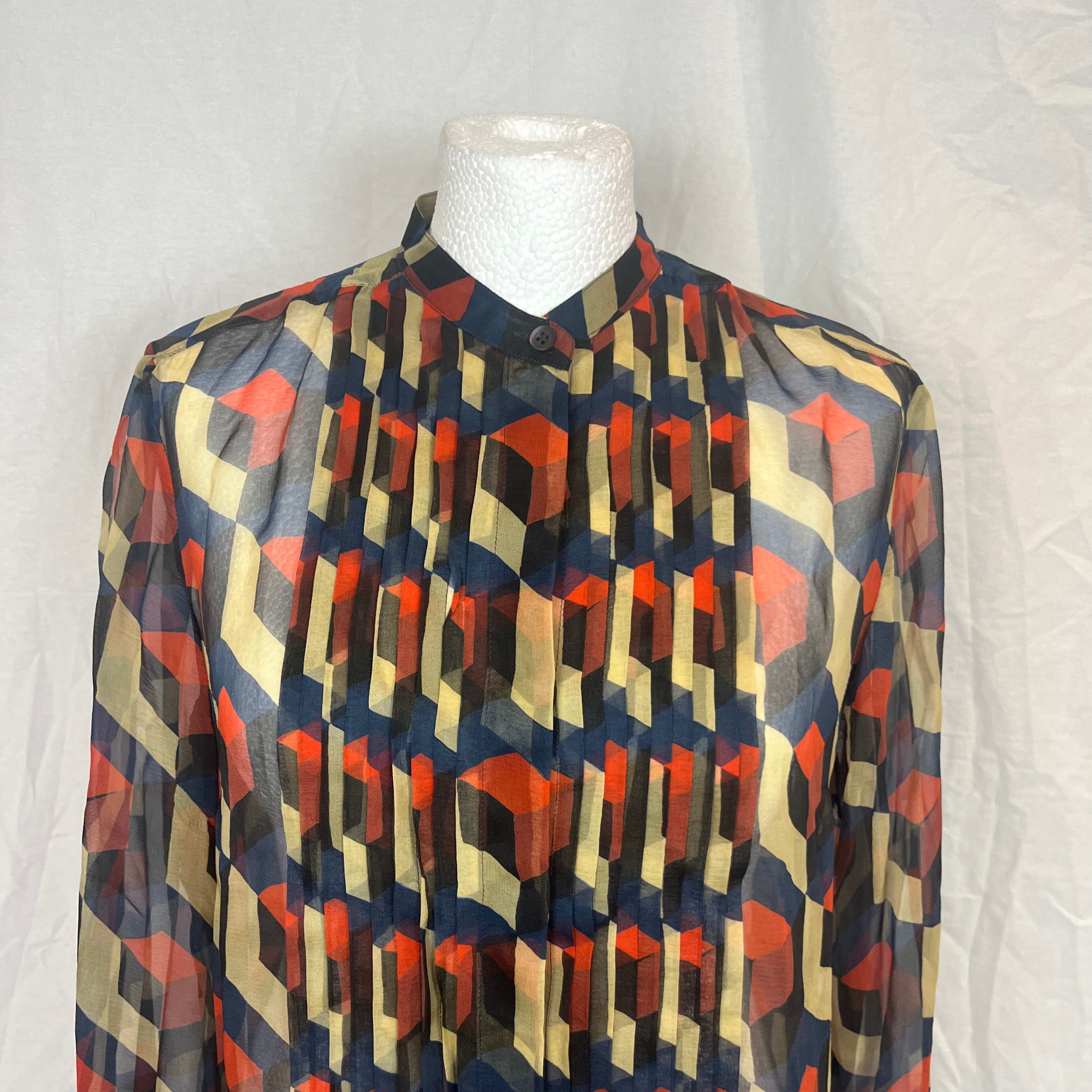 Dries Van Noten Navy & Orange Geometric Print Silk Chiffon Blouse M