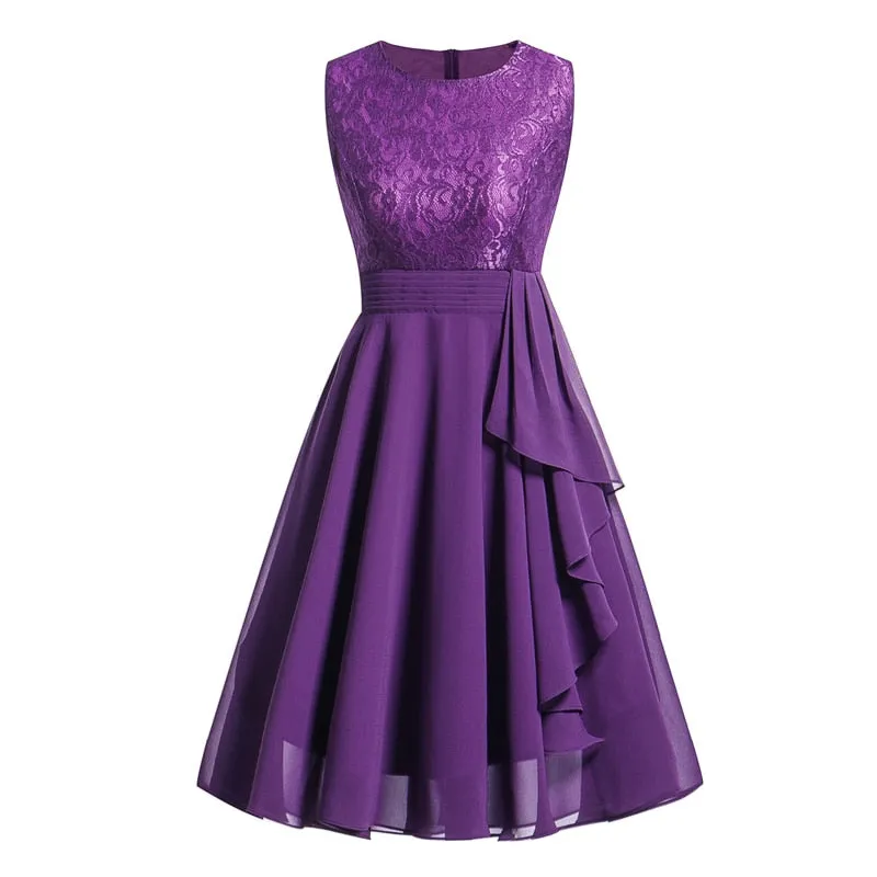 Elegant Tunic Sundress Lace and Chiffon Peplum High Waist Purple Swing Dresses Women Sleeveless Party Robe Female A Line Dress